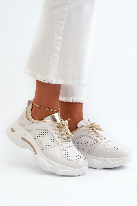 Women's Leather Sneakers with Chunky White-Gold Sole Dzumati