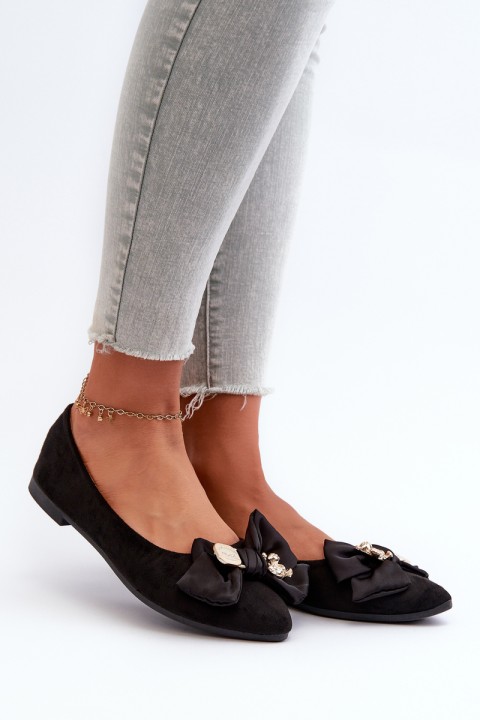 Women's Eco-Suede Ballerina Flats with Bow and Brooch Black Satris