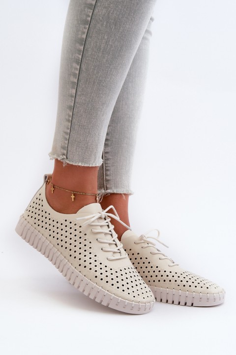 Leather Women's Sneakers with Lacy Pattern Beige Ilvima