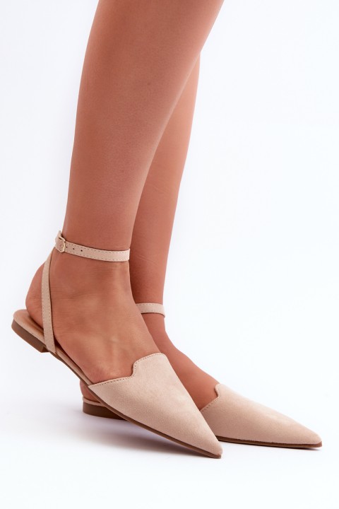 Lace-up Ballerina Flats in Beige Faux Suede with Pointed Toes Ellesara