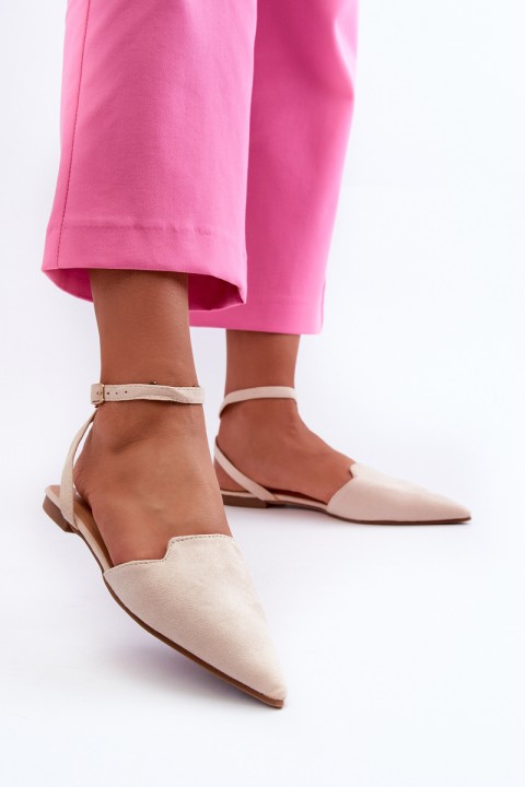 Lace-up Ballerina Flats in Faux Suede with Pointed Toes Beige Ellesara