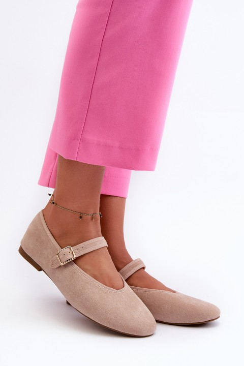 Beige Buckled Faux Suede Ballerina Flats Anlofi