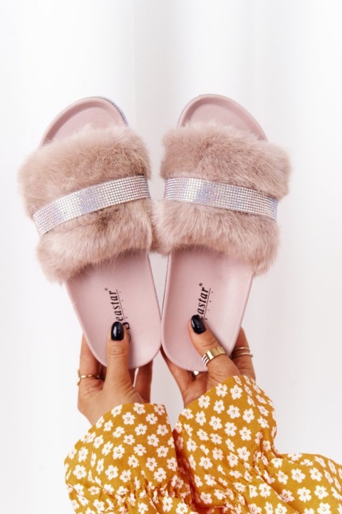 Platform Slippers With Fur And Cubic Zirconia Beige Impress