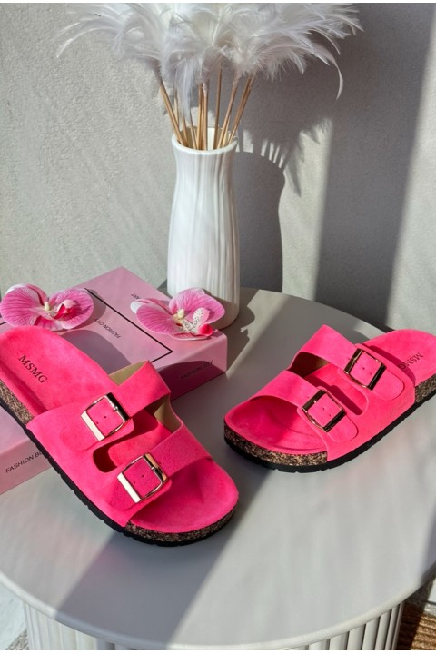 Women's Slip-On Cork Sole Neon Pink Sandals Cortina