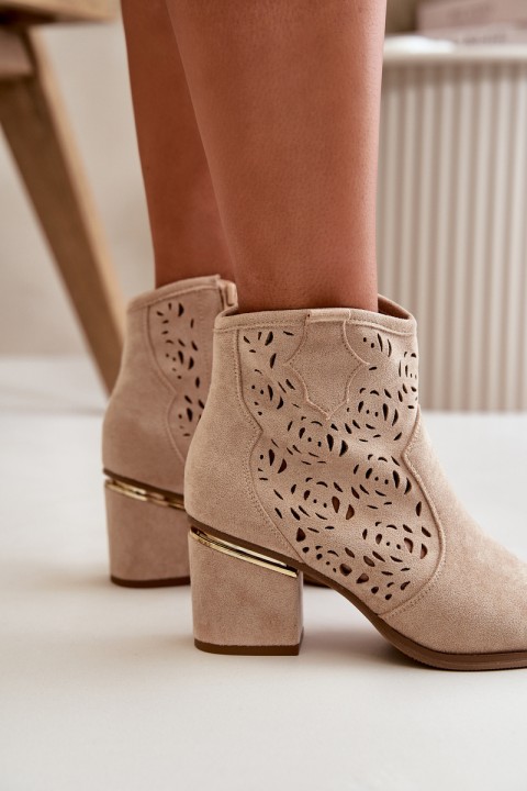 Beige Vosilara Cowboy Style Ankle Boots with Zip Fastening and Stacked Heel