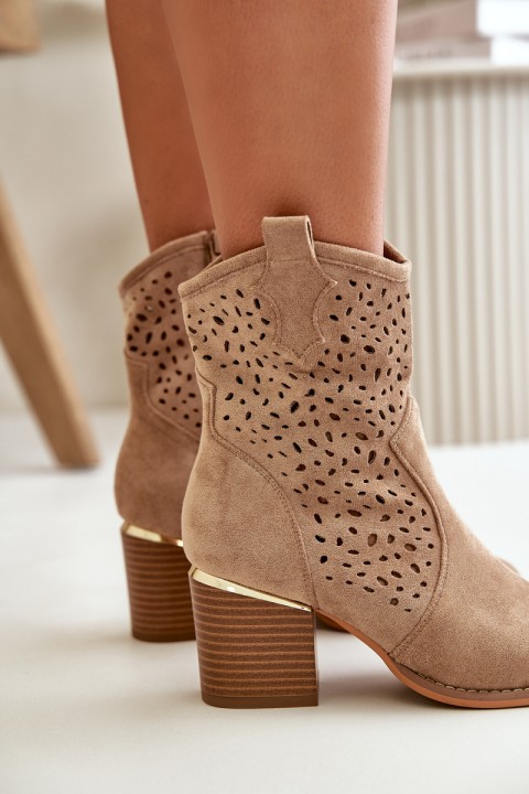 Openwork ankle boots with block heel made of eco suede zip closure dark beige Sevana