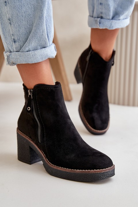 Lined Women's Ankle Boots with Block Heel in Black Faux Suede Velarilla