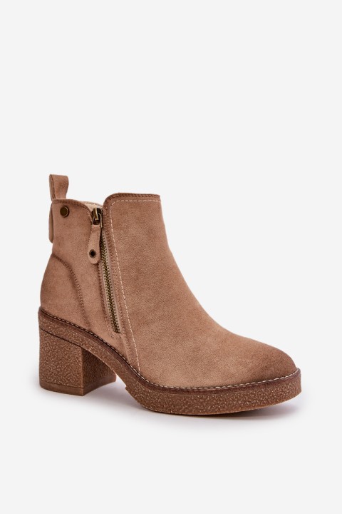 Lined Women's Ankle Boots with Block Heel in Beige Velarilla