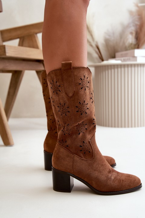 Women's Perforated Knee High Boots Made Of Eco Suede Brown Nevilos