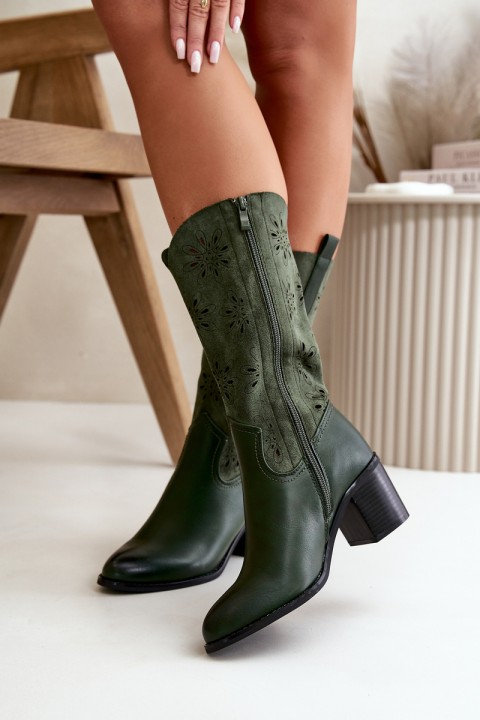 Women s perforated knee-high boots made of eco suede green Nevilos