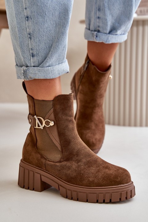 Warm Women's Boots with Golden Detail Eco Suede Brown Bervena