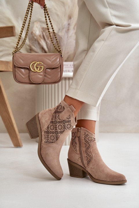 Perforated Cowboy Ankle Boots With Zipper Eco Suede Beige S.Barski HY42-944