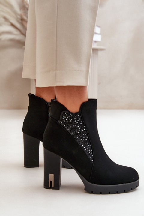 Warm Women's Ankle Boots With High Heel And Embroidery Black Verissae