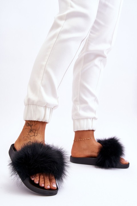 Women's Rubber Slippers With Fur Black Lucrece