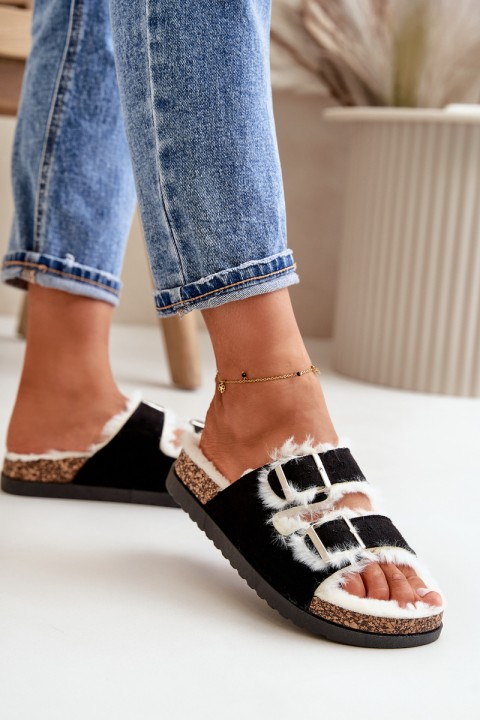 Women's Slippers With Buckles And Fur Black Ezilena