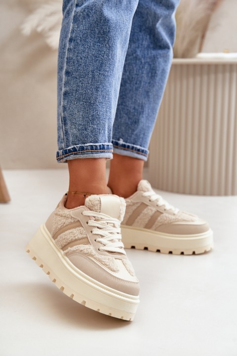 Warm Women's Platform Sneakers with Fur Beige Daivlene