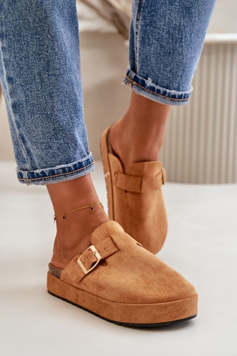 Women's Platform Clogs With Golden Buckle Camel Terilaina