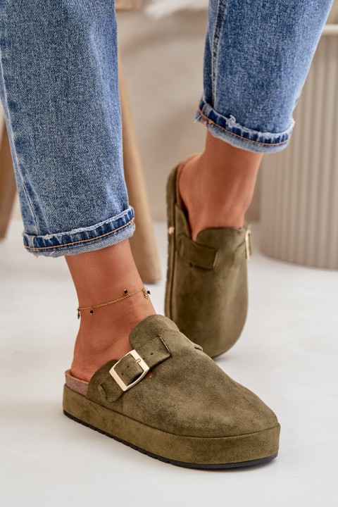 Women's Platform Clogs With Golden Buckle Dark Green Terilaina