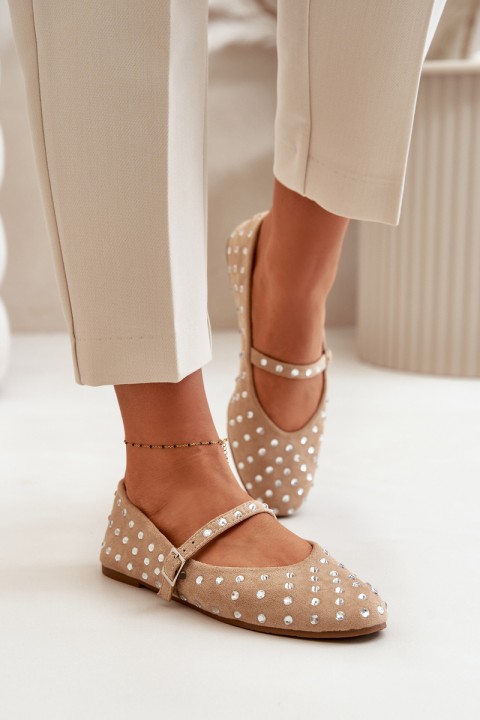 Embellished Ballerinas With Strap Eco Suede Beige Tirilissa