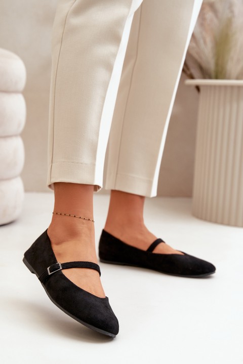 Flat Ballet Shoes With Strap Eco Suede Black Tirilina