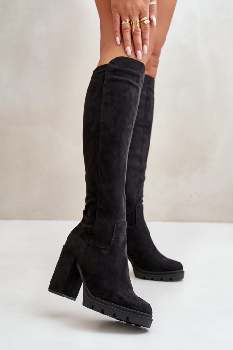 Fleece-lined women's heeled boots eco suede black Tirisha