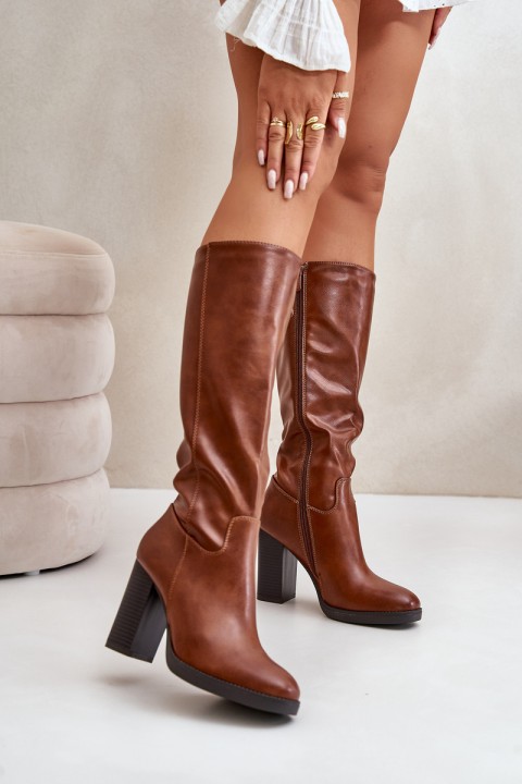 Heeled Boots Eco Leather Knee High Camel Riamaya