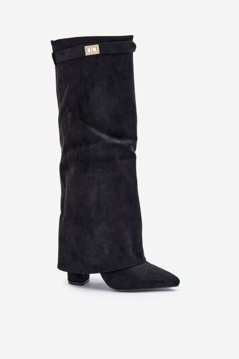 Women's Eco Suede Boots With Rolled Shaft On Heel Black Bralise