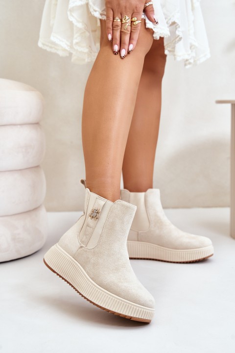 Slip On Women's Ankle Boots On Platform With Decoration Eco Suede Light Beige Ciatheia