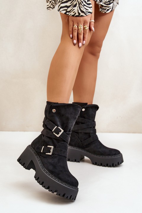 Women's Ankle Boots On Chunky Heel With Buckles And Strap Black Nerelisa