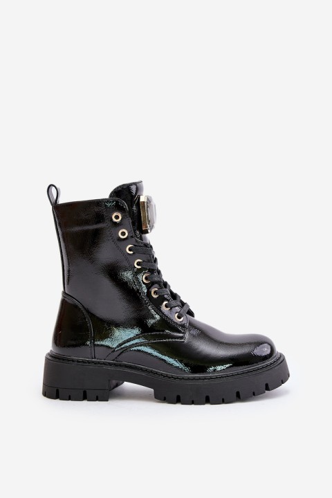 Lacquered Worker Boots Insulated With Decoration Black Depisa