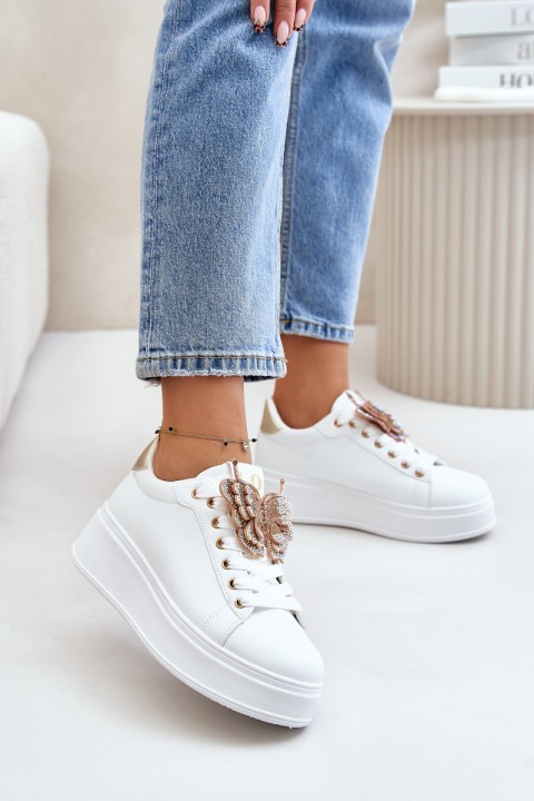 Women's Platform Sneakers With Butterfly White-Gold Naritevia