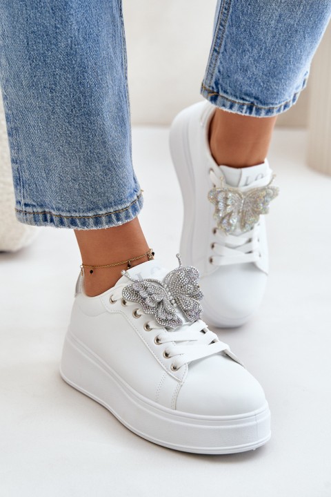 Women's Platform Sneakers With Butterfly White-Silver Naritevia