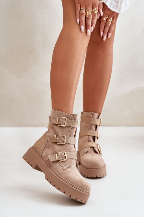 Warm Women's Boots With Buckles Beige Tiaeliana