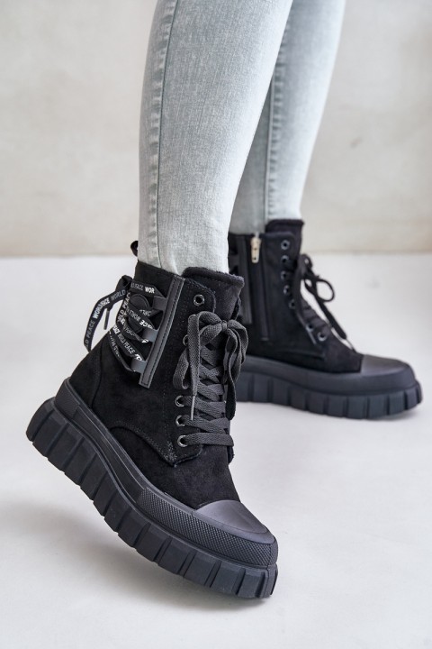 Women's Platform Boots With Decorative Lacing Black Edidda