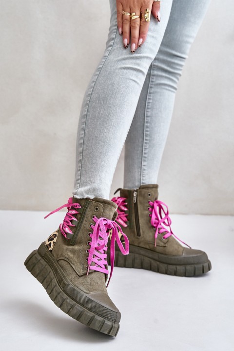 Women's Platform Boots With Decorative Lacing Leopard Green Edidda