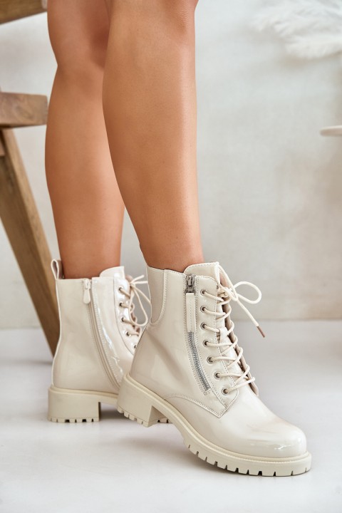 Lacquered Worker Ankle Boots With Zipper Insulated Beige Ravanthia