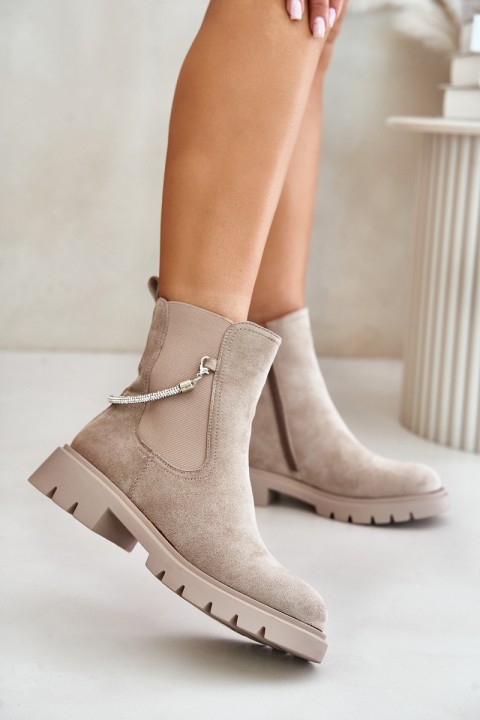 Warm Ankle Boots With Zipper And Decorative Strap Beige Labenne