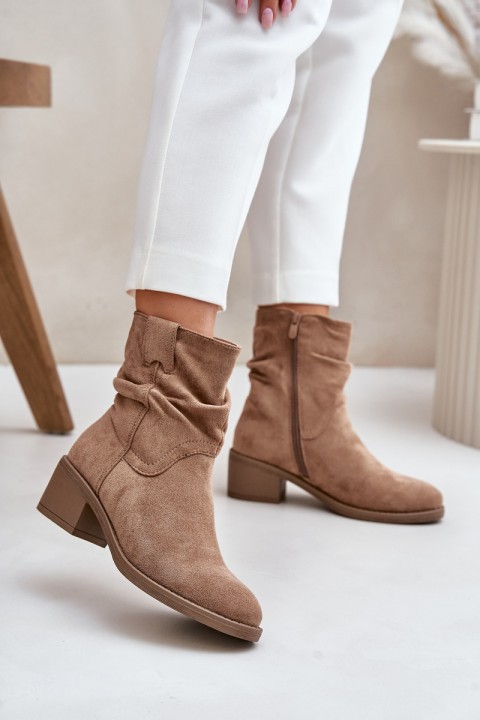 Warm Women's Boots With Gathered Shaft On Low Heel Beige Zinanya