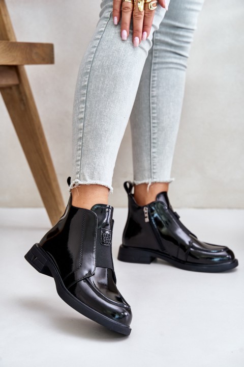 Leather Patent Ankle Boots For Women With Zipper D&A JC42-24 Black