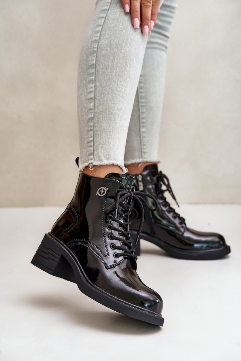 Leather Patent Ankle Boots On Block Warm D&A JC42-78 Black