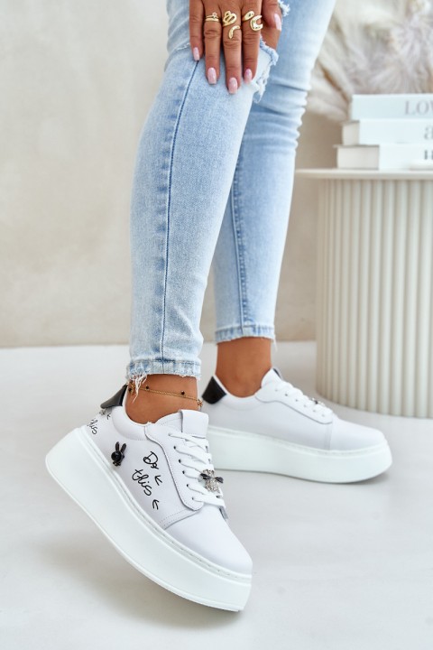 Women's Leather Sneakers On Platform With Clip And Text 89102 White