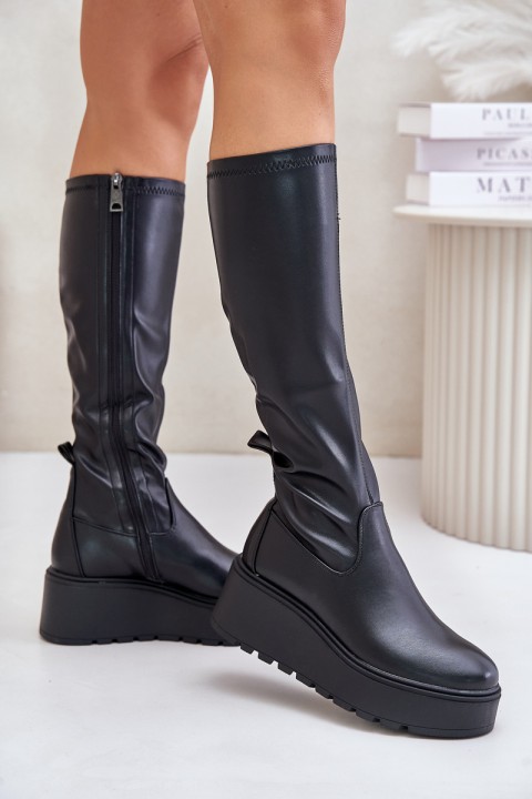 Womens Knee High Platform And Wedge Boots Black Vinceza 58342