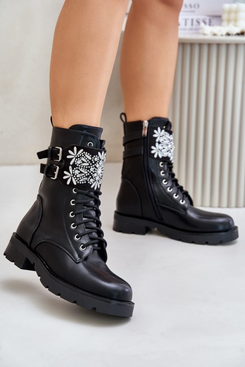 Insulated Work Boots With Decorative Strap And Buckles Black Viveria