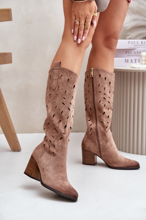 Eco Suede Knee High Boots With Perforated Pattern Dark Beige Vinceza 58344