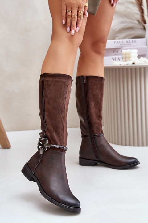 Insulated Boots On Flat Heel With Decorative Buckle Brown Leatharia