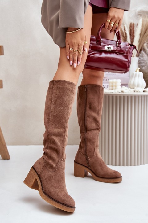 Warm Heeled Boots Eco Suede Over Knee Brown Leamirael