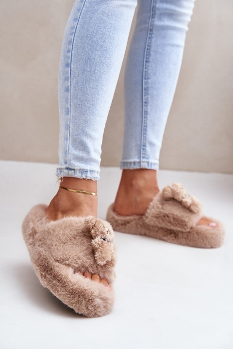 Women Fur Slippers With Bear Beige Romania