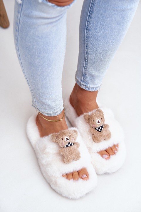 Women's Furry Slippers With Bear White Romania