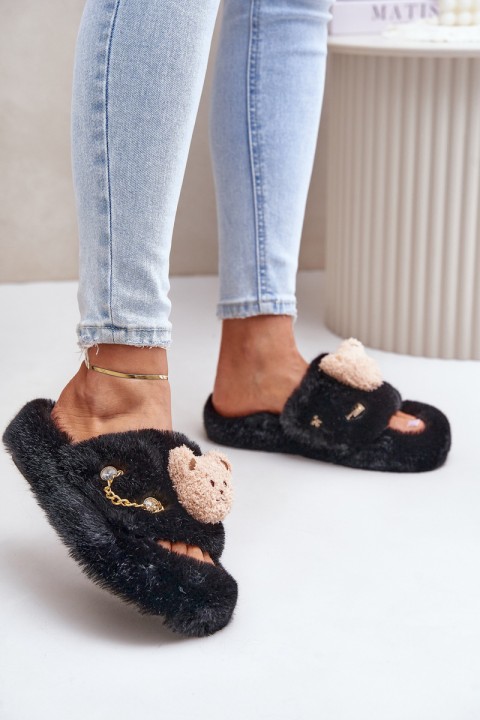 Ladies Fur Slippers With Bear And Decorative Elements Black Innalise