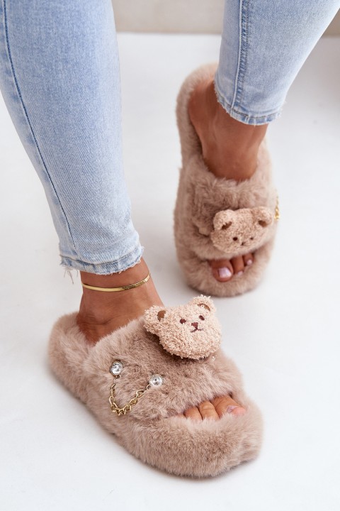 Women s Furry Slippers With Bear And Decorative Elements Beige Innalise